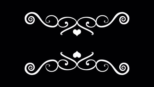 Elegant White Swirls with Hearts on Black Background, Decorative Design Element.