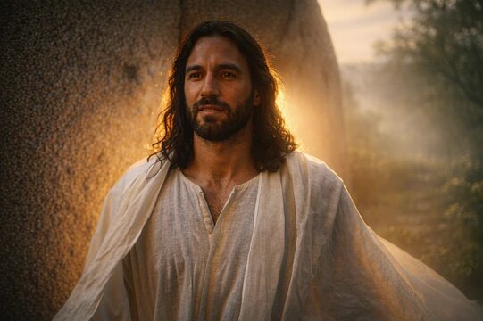 Jesus Emerging from the Dark Stone Tomb at Dawn &mdash; The Resurrection Moment