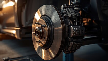 Detailed view of a steel brake disk and wheel hub in sunlight, illustrating pad replacement in a garage