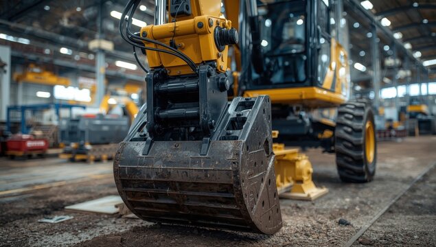 Detailed view of a tractor with hydraulic features. Industrial setting. Hydraulic digger