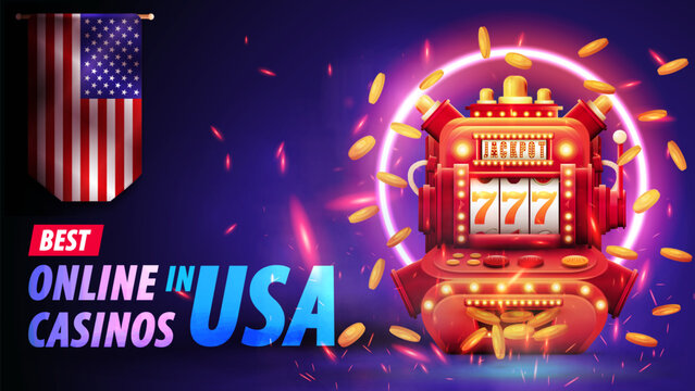Online casino, 3D banner for USA market with slot machine with gold coins and flag of USA. Gambling promotion template for betting website and digital marketing