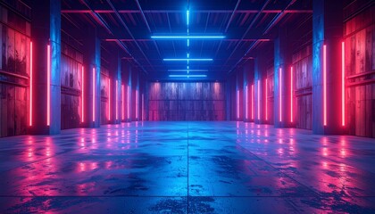 Obraz premium Futuristic Neon Lit Empty Warehouse Interior with Blue and Pink Lights.