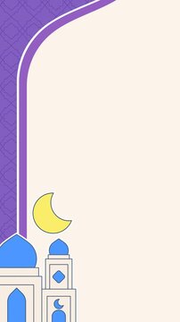 Vertical Islamic motion background featuring a bright cream copy space area with purple pattern borders, Mosque, and a seamless looping moon moving up and down.