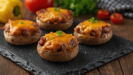 Meat-filled, cheesy mushrooms on a dark platter