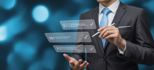 Fototapeta premium Business professional using digital checklist interface with checkmark icons, representing task completion, quality control, workflow management, and process verification 