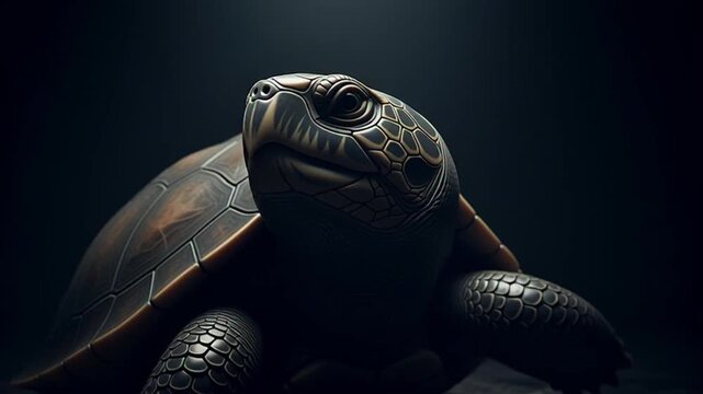 Close-up of a sea turtle with intricate shell patterns, dark background, cinematic lighting.