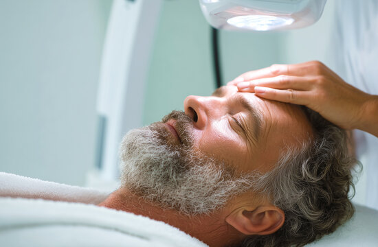 Hombre con barba yace con los ojos cerrados bajo un dispositivo de luz azul, con la cabeza envuelta en una toalla en la cl&iacute;nica. Campa&ntilde;as est&eacute;ticas. Destaca la terapia facial no invasiva