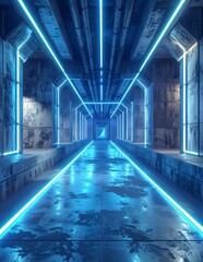 Fototapeta premium Futuristic Sci-Fi Tunnel with Neon Blue Lights and Wet Floor.