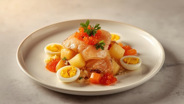 Mimosa salad with canned fish, potatoes, cheese, carrots, and eggs, topped with red caviar and parsley