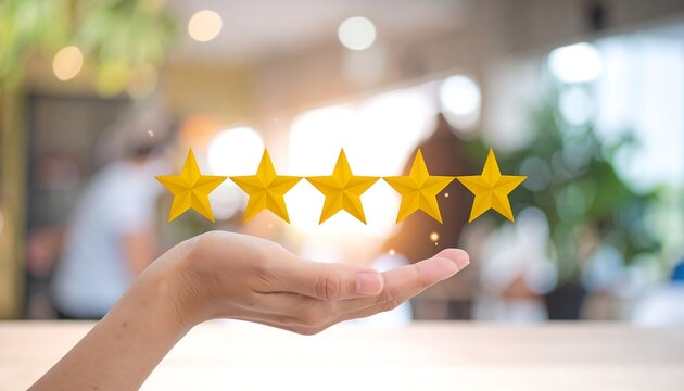 Hand holding five glowing golden stars, suggestive of excellence, against a blurred, bright, abstract background