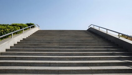 Fototapeta premium Stairway leads to a bright blue sky with green bushes on the sides of the steps
