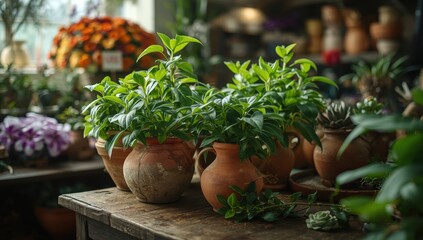 Potted green plants at a floral store
