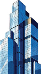 Fototapeta premium Modern Blue Glass Skyscraper with Stepped Design Reflecting Sky, Symbolizing Urban Architecture, Business, and Contemporary City Development