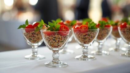 Quinoa salads served in stylish glass cups, topped with cherry tomatoes and parsley, for a vibrant catering display