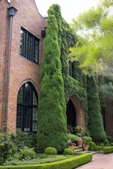 Obraz premium In a serene garden setting, tall green plants flourish beside a brick building that features expansive windows, all basking in the warm daylight