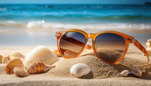 a serene beach scene with seashells sunglasses and nautical items arranged in sand creating a tranquil coastal atmosphere