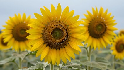 Fototapeta premium Close up of vibrant yellow sunflowers blooming in a field under a cloudy sky
