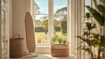 Fototapeta premium Room containing an ironing board and a laundry basket