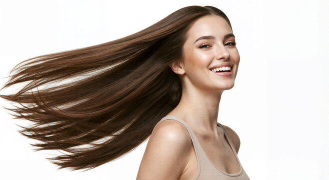 Mulher sorrindo com cabelo longo em movimento em retrato isolado de est&uacute;dio