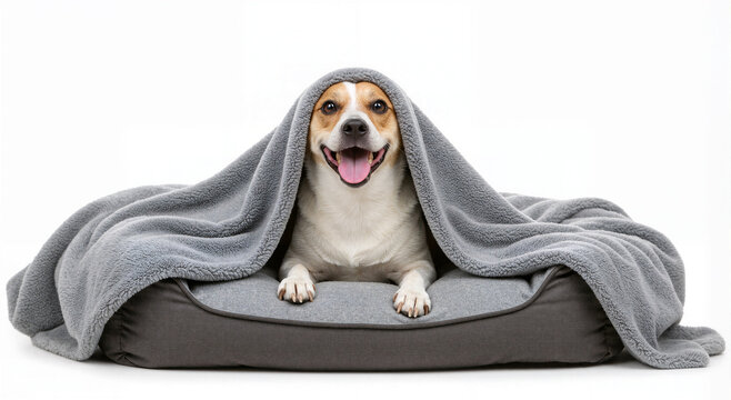 Cachorro confort&aacute;vel em cama pet coberto com manta cinza em fundo neutro isolado