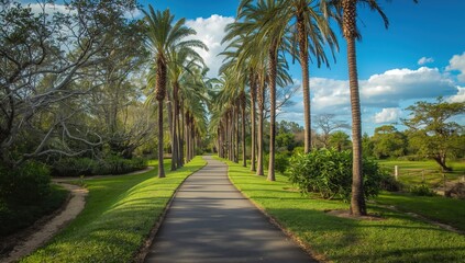 Obraz premium Running path surrounded by palm trees
