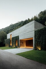 Obraz premium Modern house built with concrete surrounded by greenery near a forest, showcasing unique architectural design in the soft light of evening