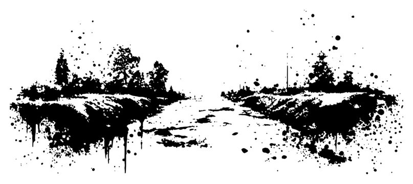 Ink splatter landscape with forest trees and rural path in grunge style