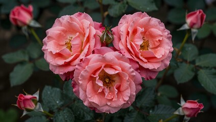 Obraz premium Overhead shot of clustered salmon rose blooms with water droplets on petals and a background of dark foliage