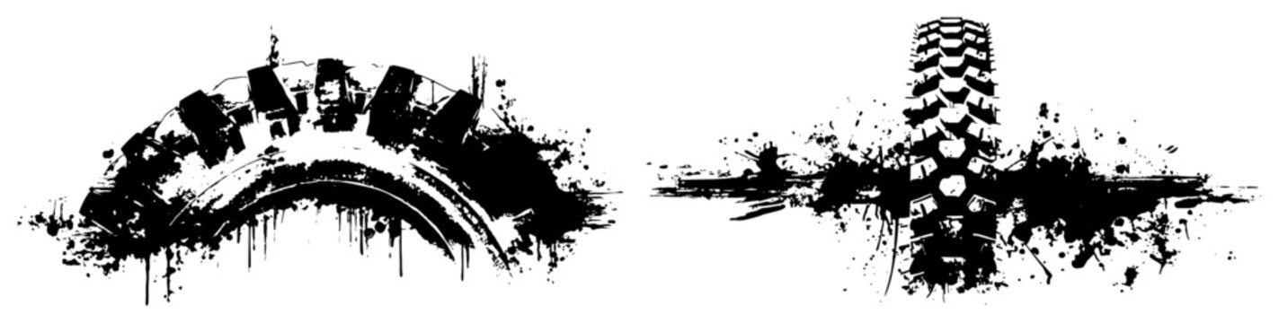 Off road tire tread marks with grunge ink splatters and drips