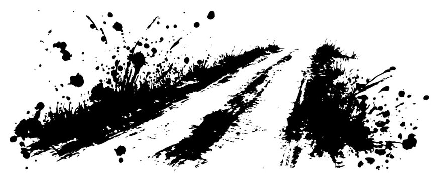 Rural dirt road landscape in grunge ink splatter style