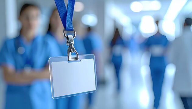 Blank ID badge with blue lanyard in a hospital setting, healthcare professionals in background.