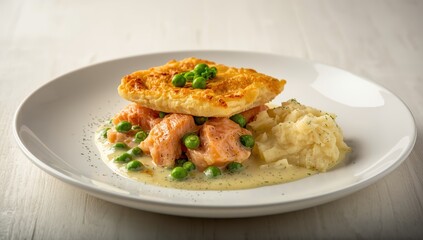 Fototapeta premium Salmon fish pie with creamy sauce, green peas, and mashed potatoes on a white wooden surface