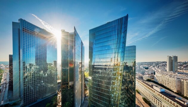 modern architecture skyline of office towers with glass reflection and geometric facade in la defense district of paris france under bright daylight urban city atmosphere