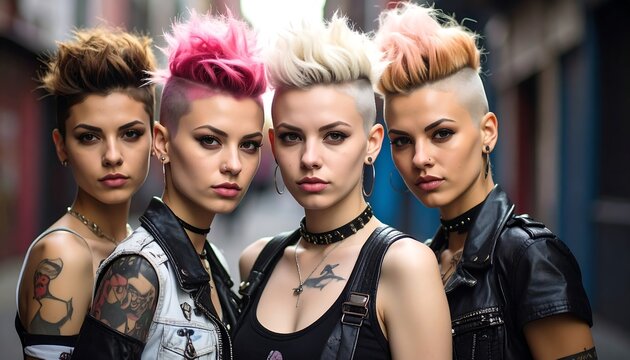 Four punks with colorful mohawks stand together in an urban alley