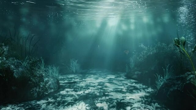 An underwater scene depicts light rays, aquatic plants, and a blurry background