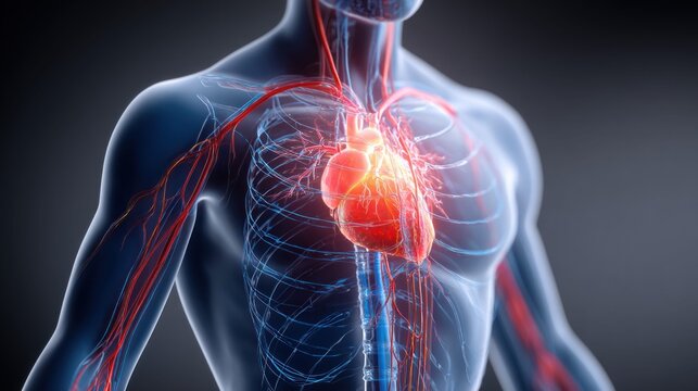 Detailed 3D illustration of the human circulatory system with a glowing heart
