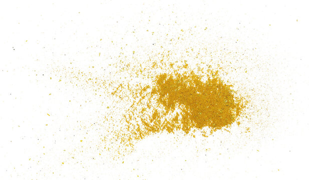 Shawarma seasoning (shoarma), middle eastern spice blend, isolated on white background, ingredients (organic coriander, cumin, white onion granules, garlic granules, bay leaf, black pepper, turmeric)