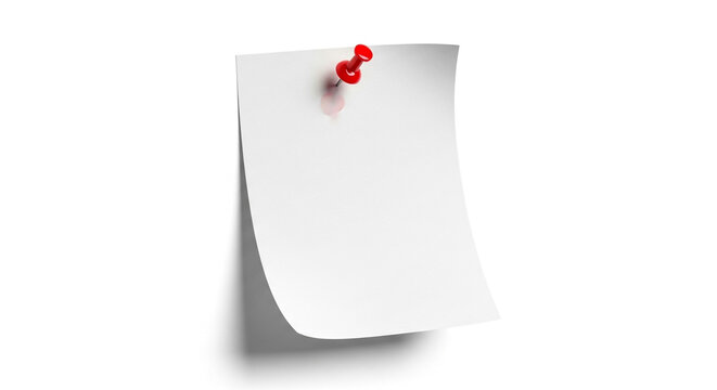 White sticky note with red push pin on clean background