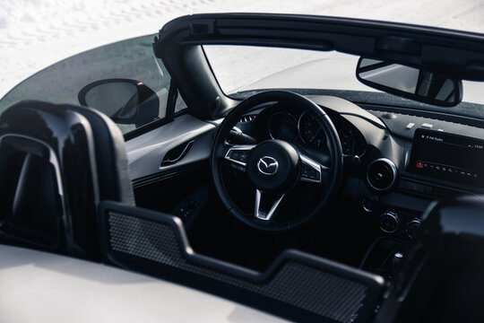 Mazda MX-5 Miata interior and steering wheel. Kyiv, Ukraine - February 2026.