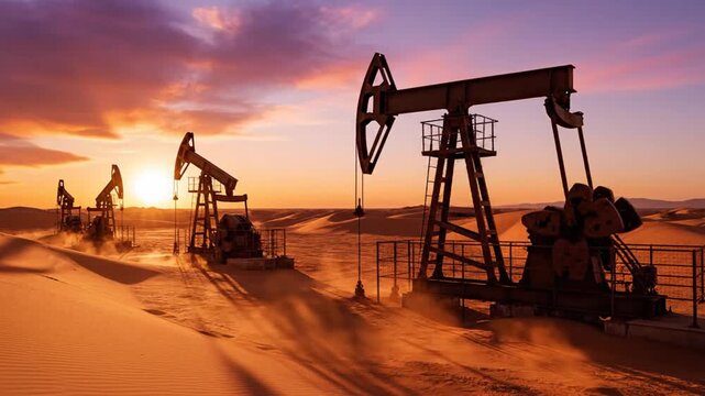 Oil pumpjacks extracting crude petroleum from the ground in a vast desert landscape at sunset.