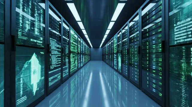 Modern data center with glowing server racks displaying digital code and information.
