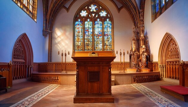 ornate wooden lectern in a historical church with stained glass