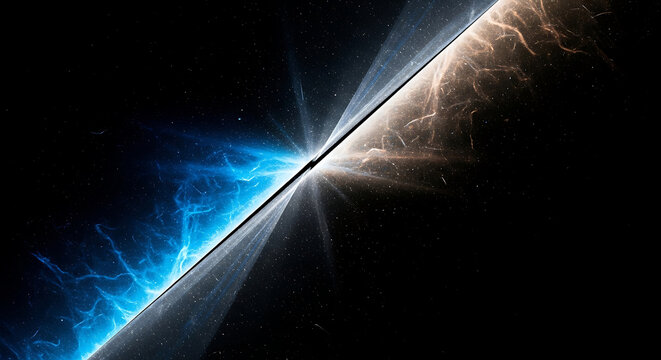 abstract cosmic energy split by a bright dimensional rift contrasting blue and orange nebulae in deep space illustrating duality