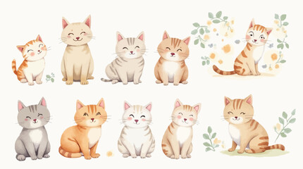 Fototapeta premium A charming watercolor illustration set featuring ten happy and cute domestic cats.