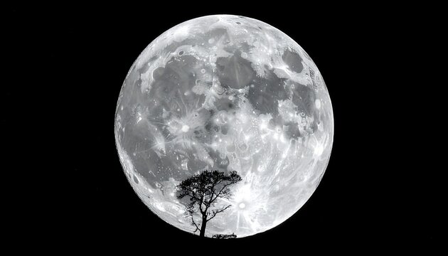 Large, detailed moon in a dark sky, with a small tree silhouette in the foreground