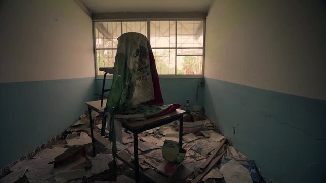 Dolly right camera movement inside a deteriorated classroom featuring a Mexican flag on a desk surrounded by debris. Dramatic documentary representation of insecurity in Mexico and narco violence.