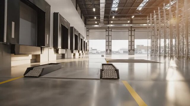 Spacious modern warehouse interior featuring multiple loading docks and tall storage racks.