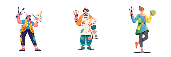 Fototapeta premium set of artist full body character wearing creative attire and holding art tools, clean modern flat design style, digital art illustration, vibrant colors, isolated on white background, minimal shading