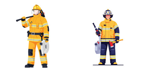 Obraz premium set of firefighter full body character wearing distinctive protective uniform and holding firefighting equipment, clean modern flat design style, digital art illustration, vibrant colors
