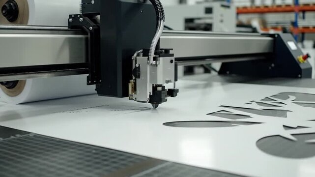 An automated industrial cutting machine precisely processes a large white sheet of material in